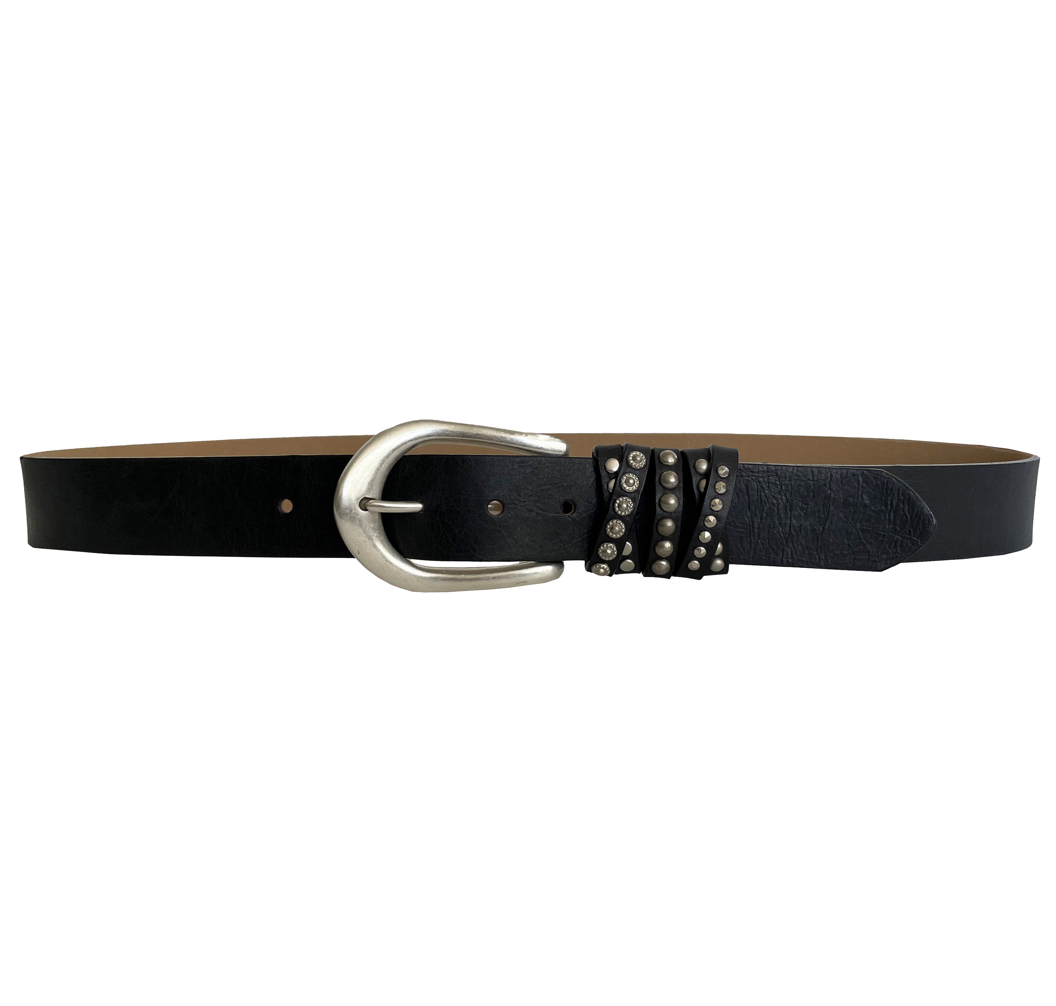 Crista Belt in black Italian leather with silver horseshoe buckle and studded loops, Streets Ahead