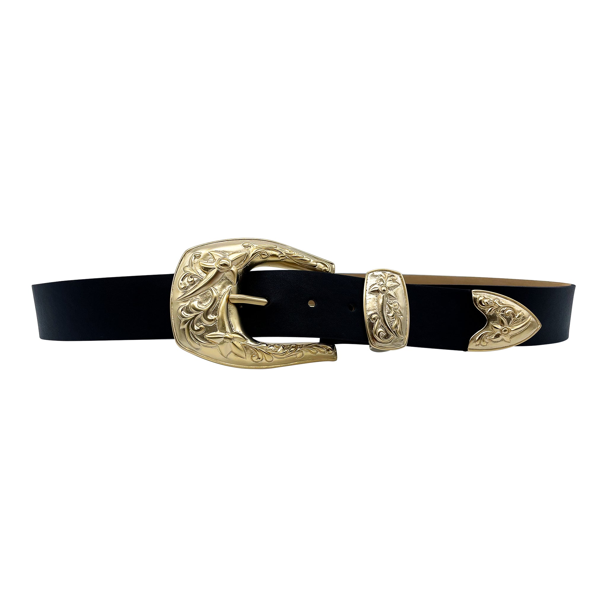 LeAnn Belt in black Italian leather with 24k gold western buckle set, Streets Ahead