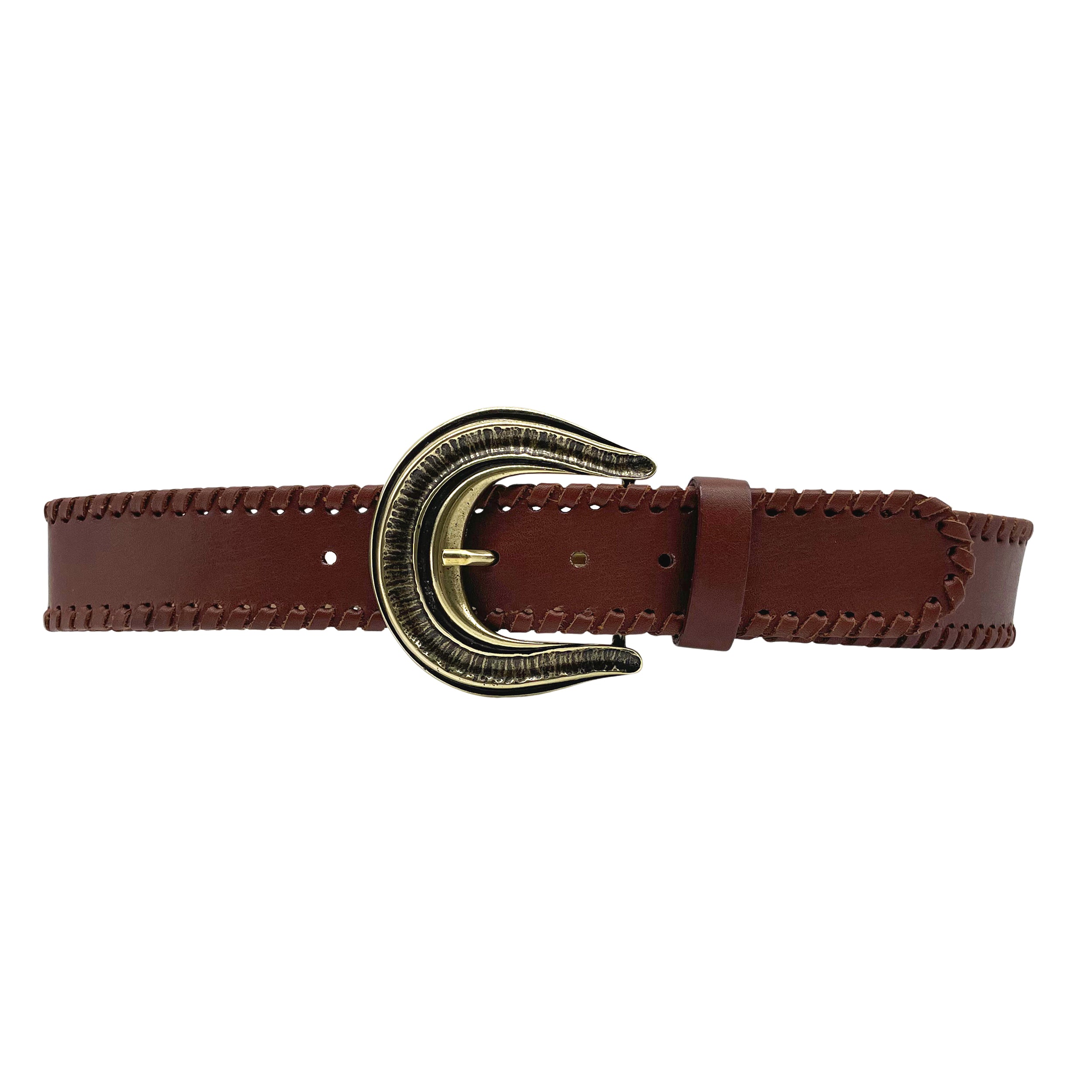 Belle Belt in cognac Italian leather with whip stitch trim and patina copper western buckle, Streets Ahead