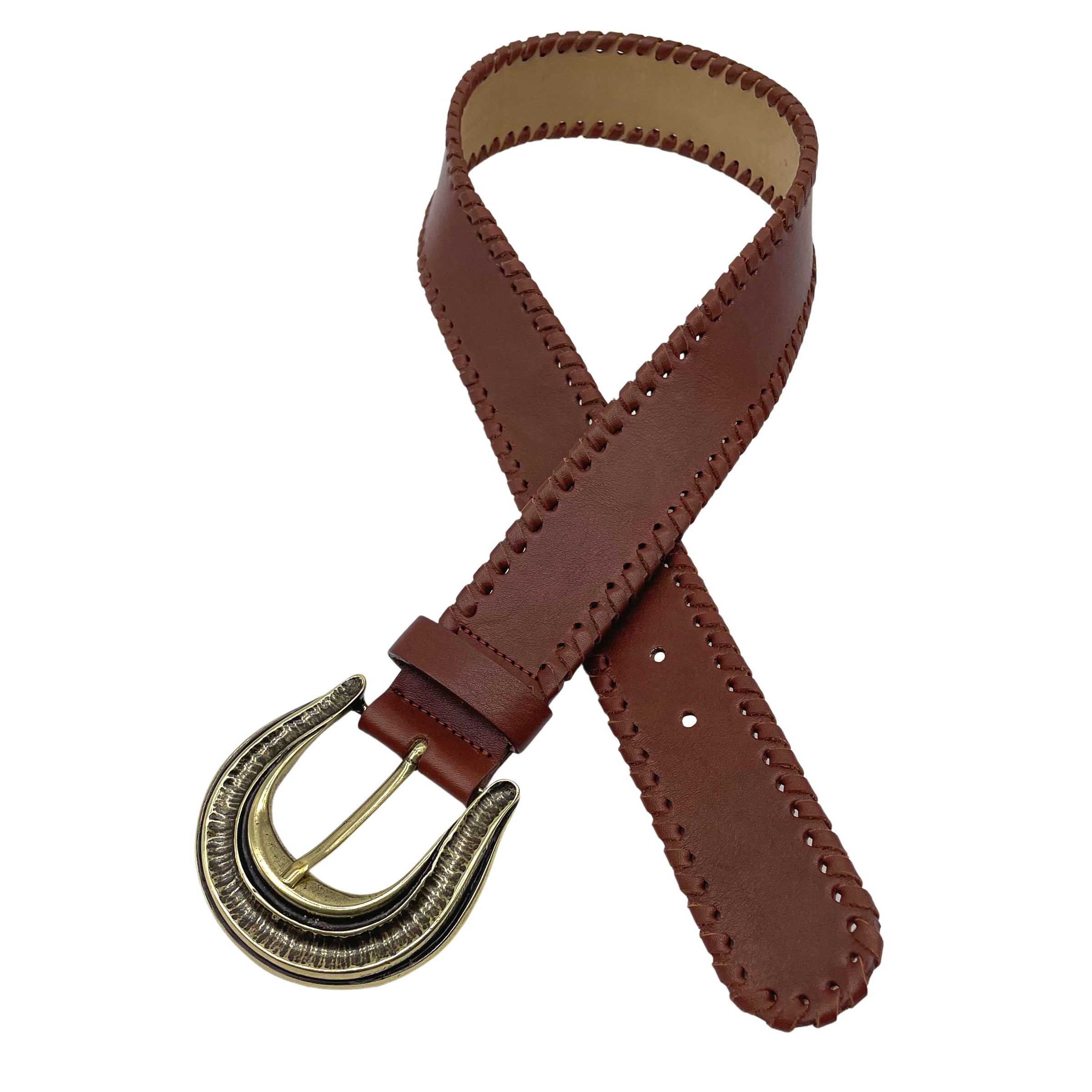 Streets Ahead Belle Belt — cognac leather western belt with whip stitch, handcrafted in Los Angeles