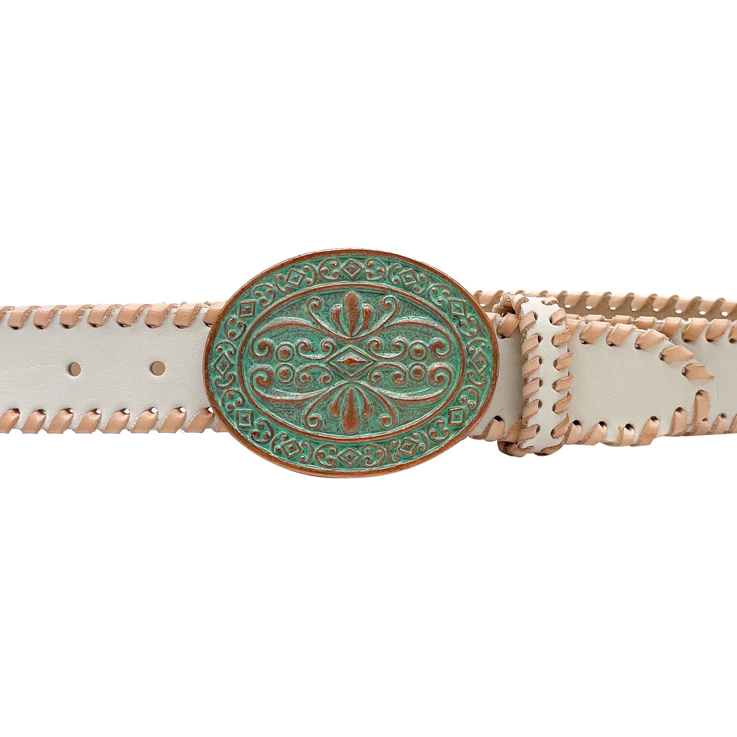 Streets Ahead Electric Daisy Belt — white leather western belt with whip stitch detail, handcrafted in Los Angeles