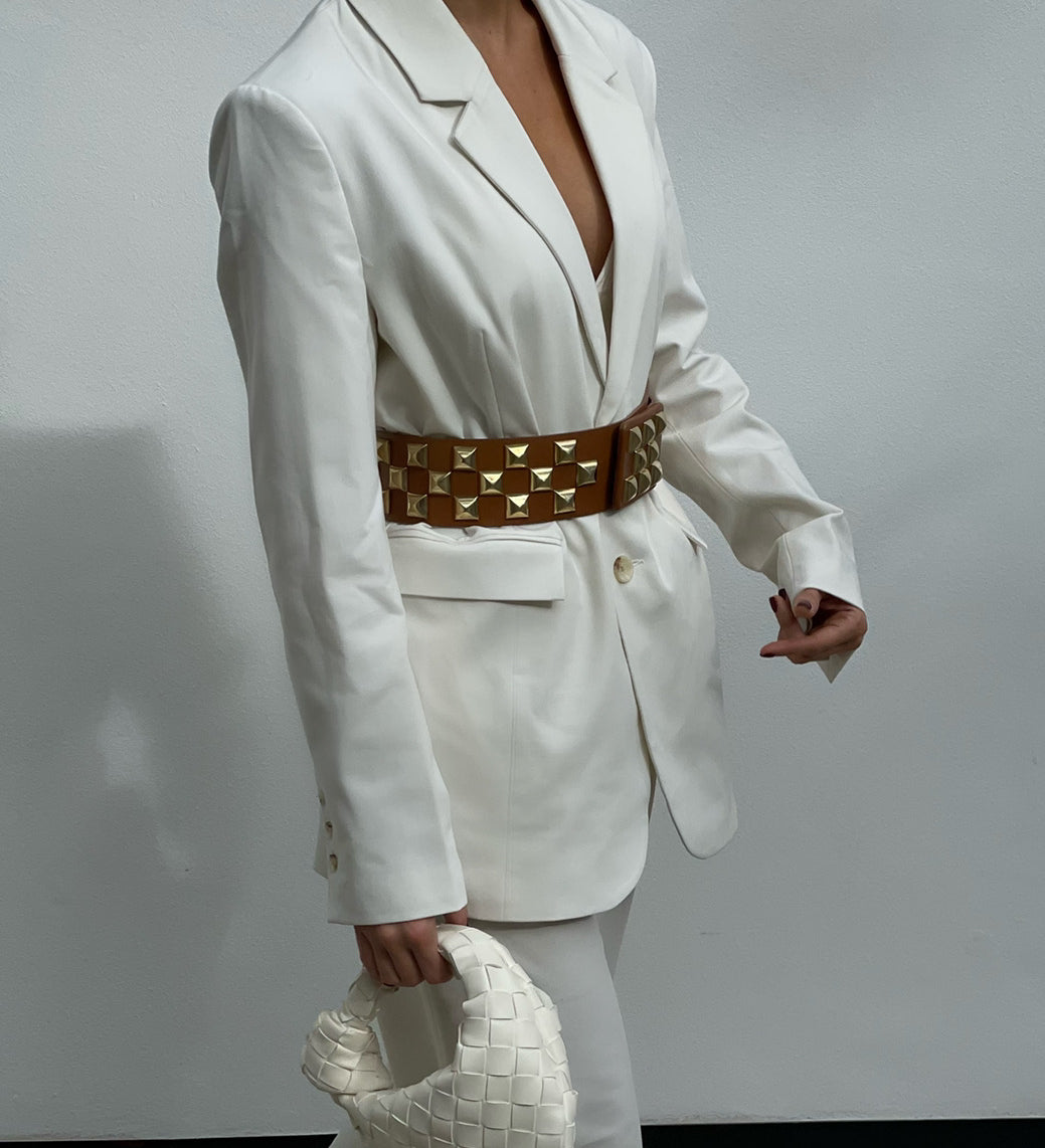 Streets Ahead Roger Tan and Gold Belt — wide waist belt with gold pyramids, handcrafted in Los Angeles