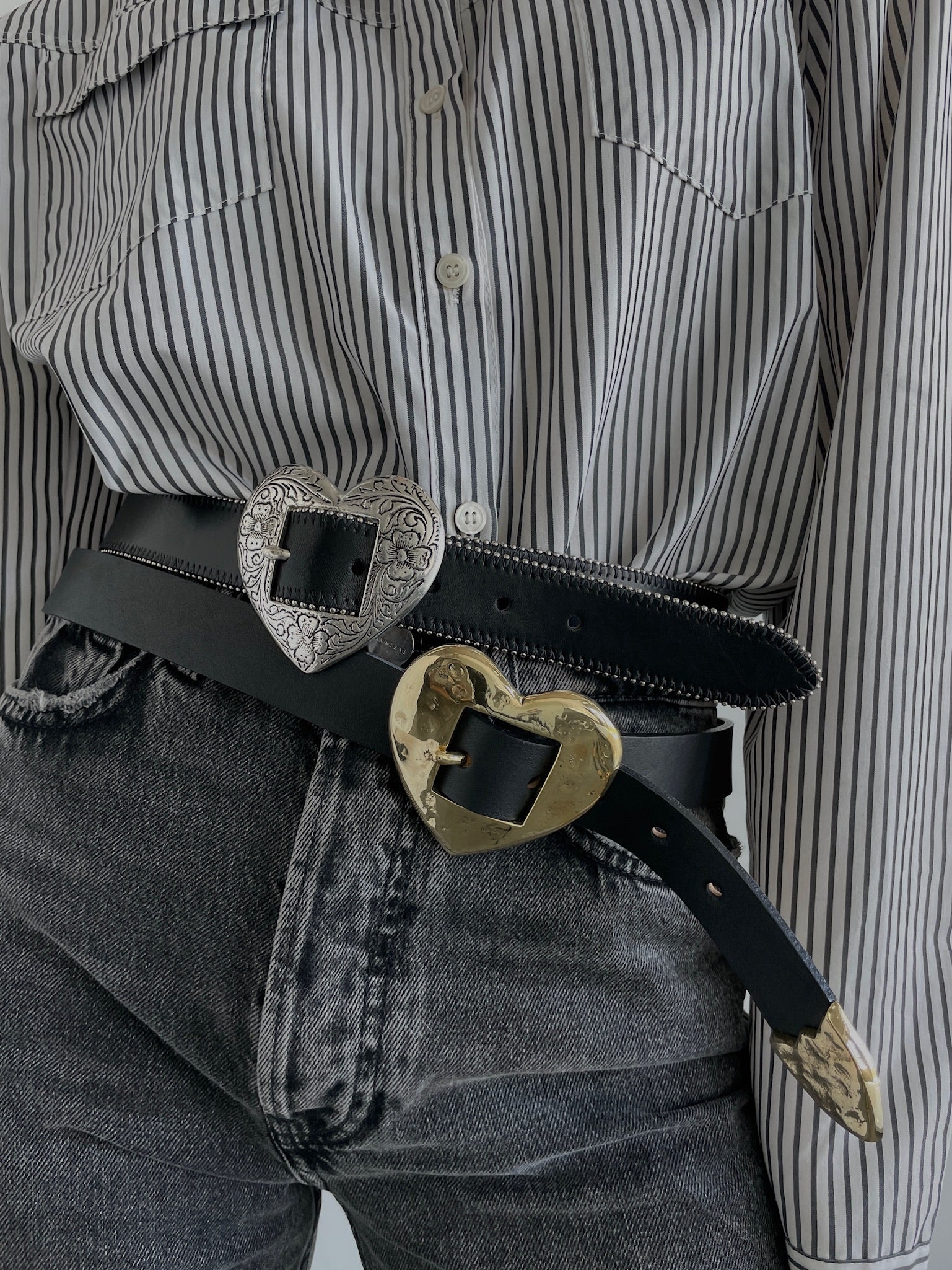 Brass Hammered Heart Belt - Black Italian Leather Solid Brass