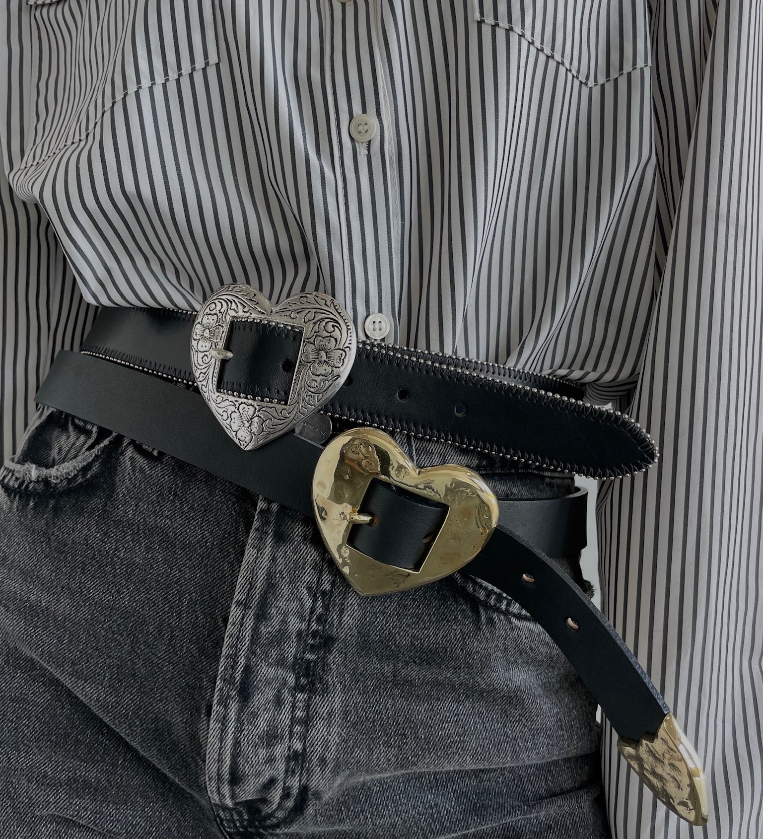 Brass Hammered Heart Belt buckle close-up, solid brass heart hardware on black Italian leather, Streets Ahead