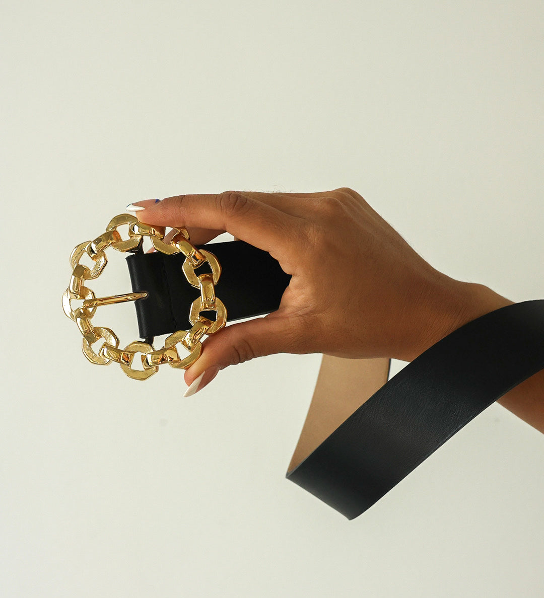 Streets Ahead Stella Belt — black leather with gold chain buckle detail, handcrafted in Los Angeles
