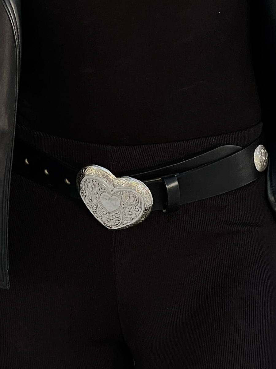 Engraved Heart - Vintage Black Leather Belt - Streets Ahead