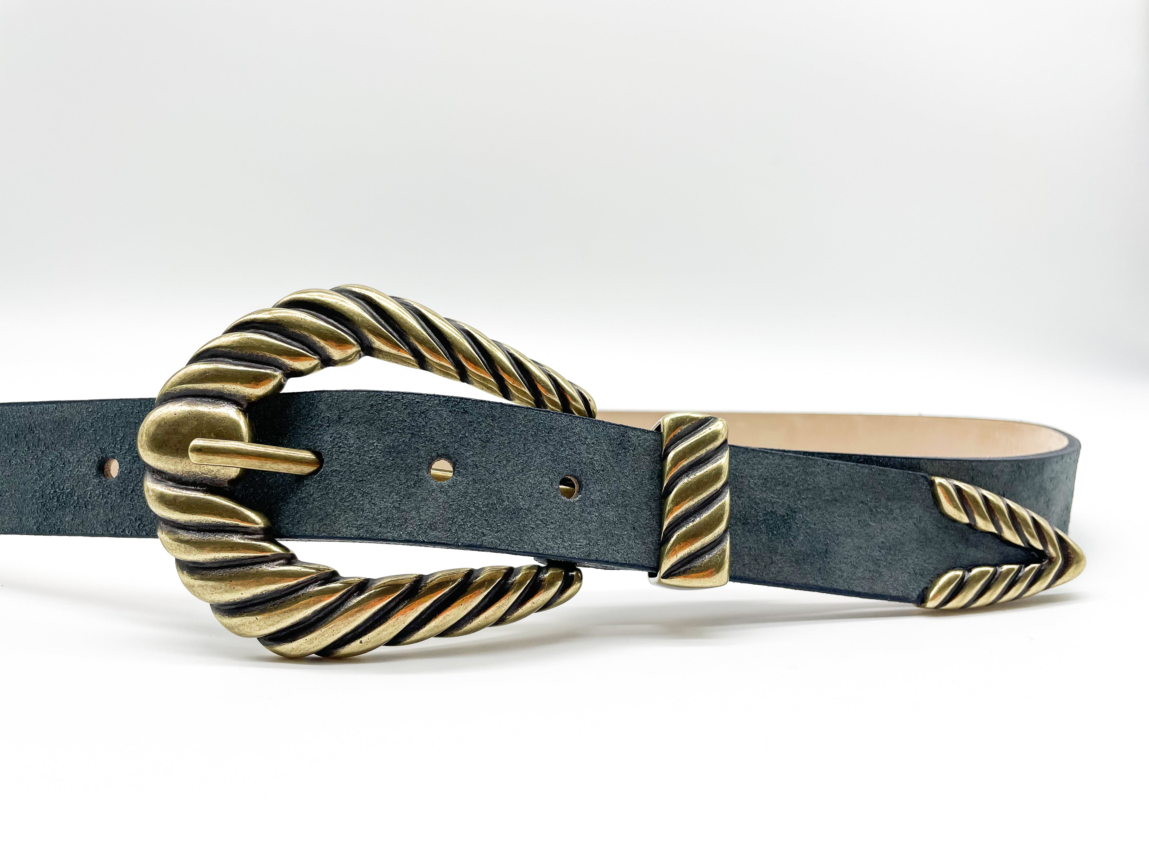 Off To The Races - Navy Leather Belt Western Buckle - Streets Ahead