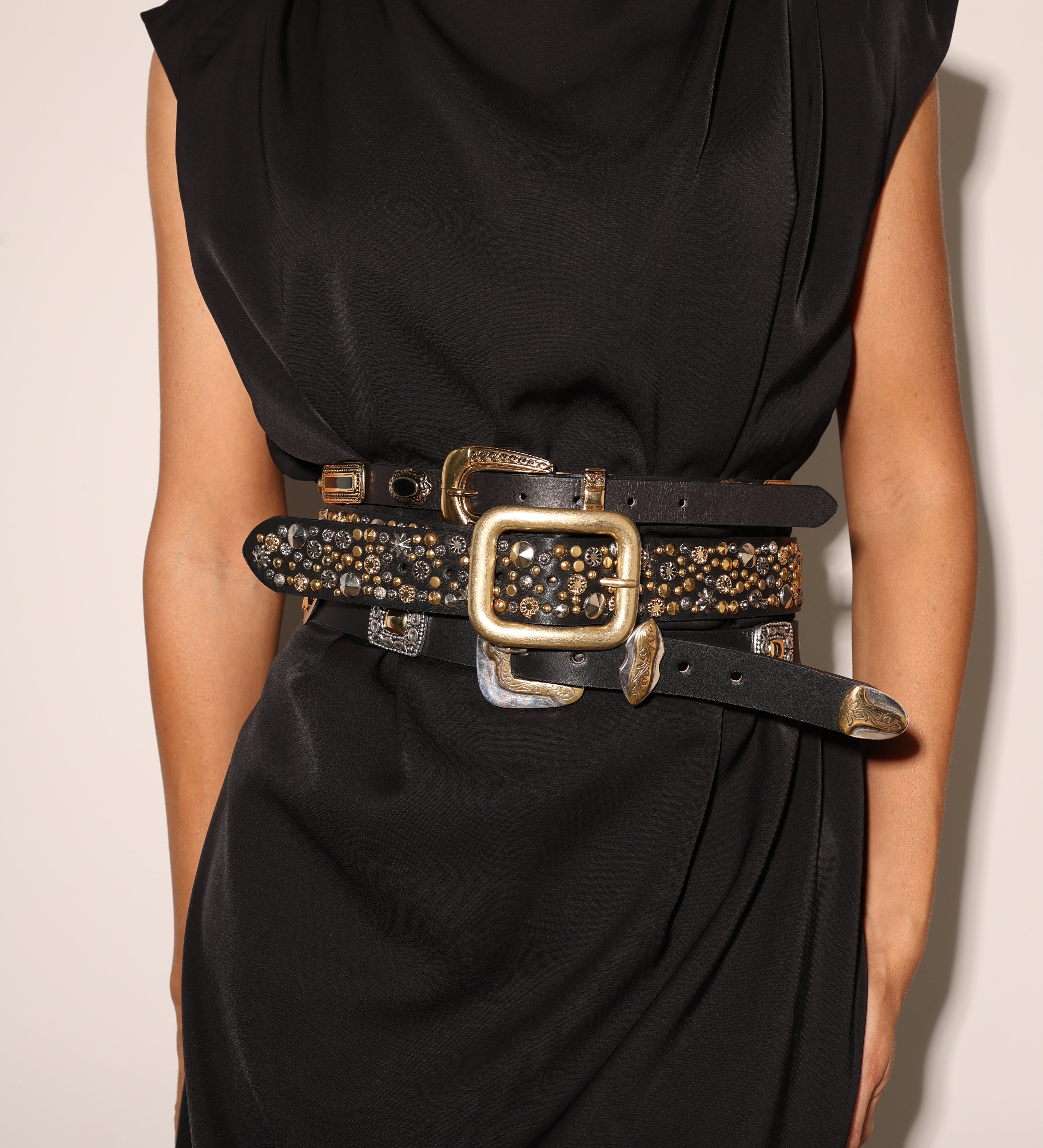 Streets Ahead Britt Studded Belt — black leather with mixed metal stud detail, handcrafted in Los Angeles