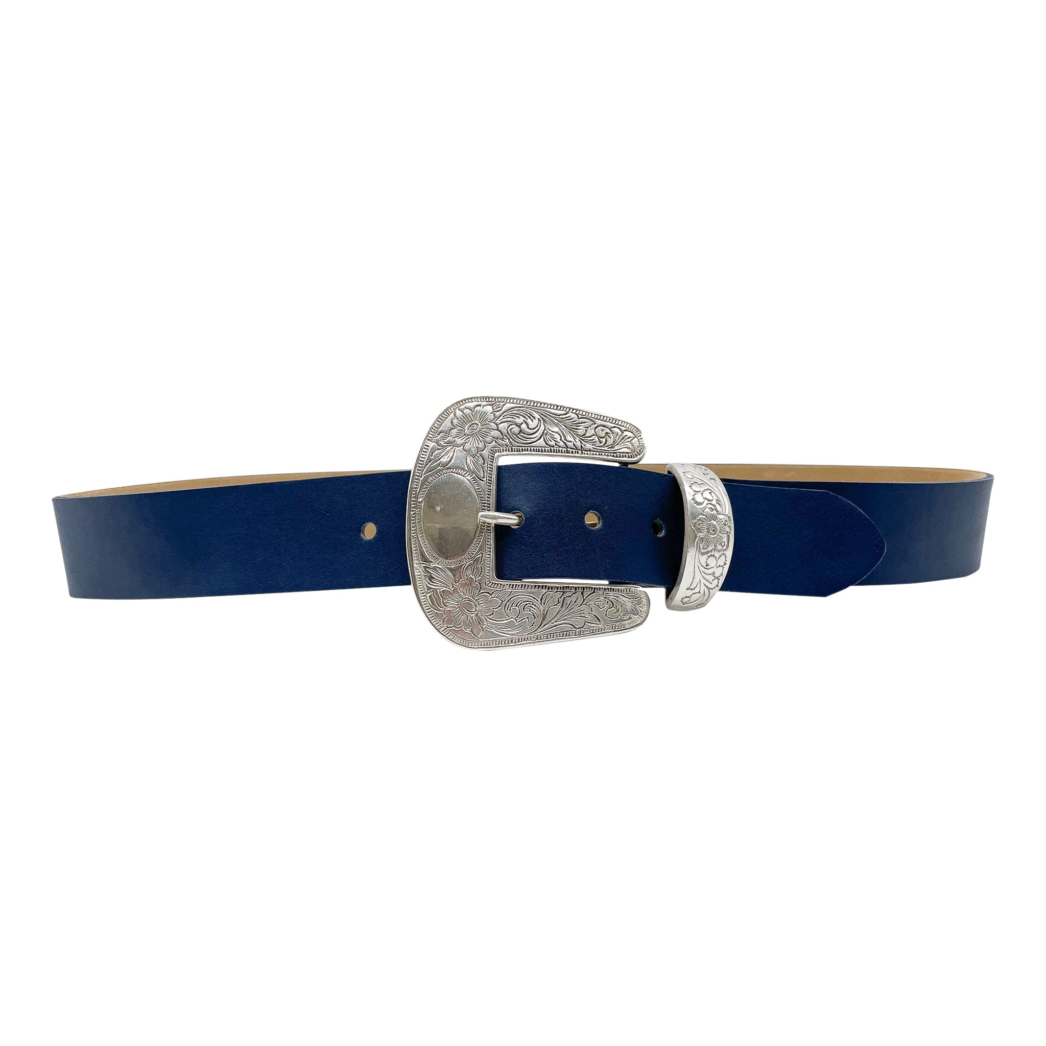 Bryn Belt in smooth navy Italian leather with antique silver western buckle set, Streets Ahead