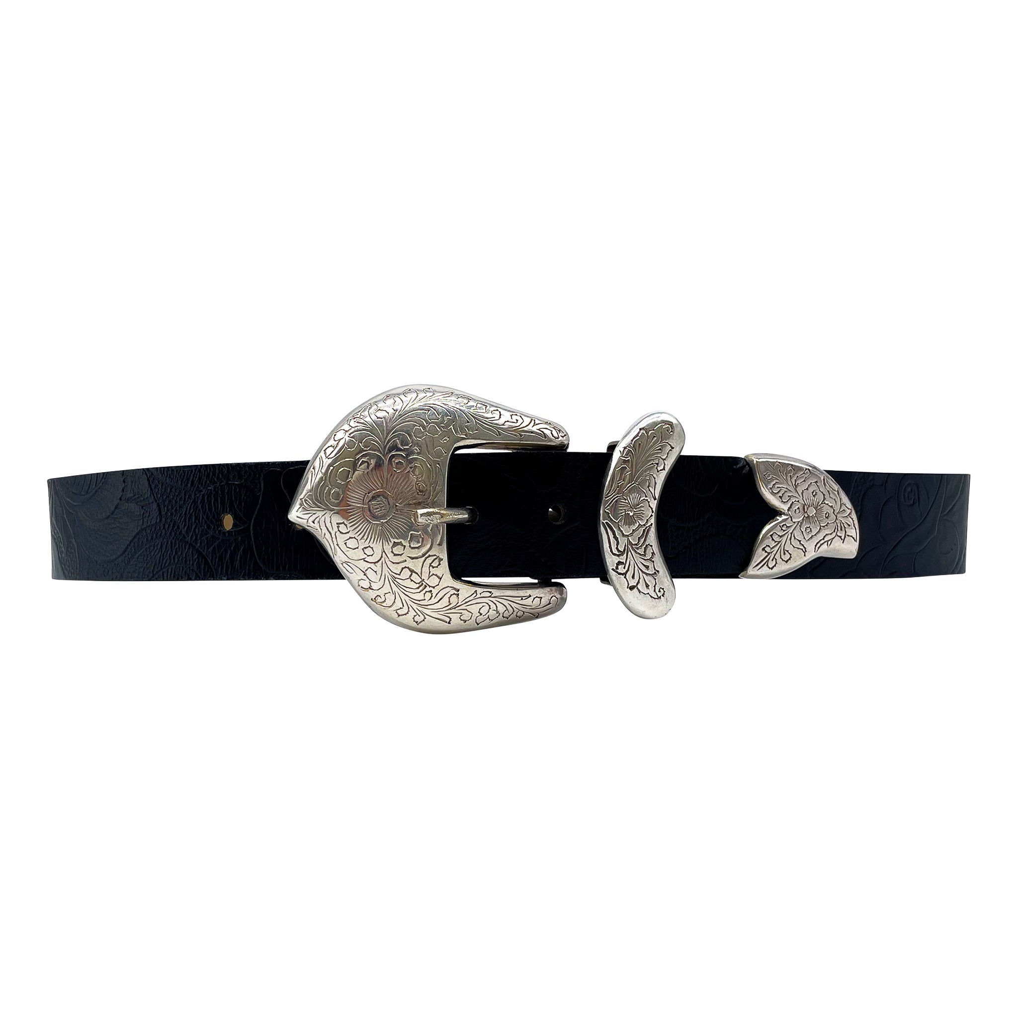 Jordan Belt in tooled black Italian leather with antique silver engraved buckle set, Streets Ahead