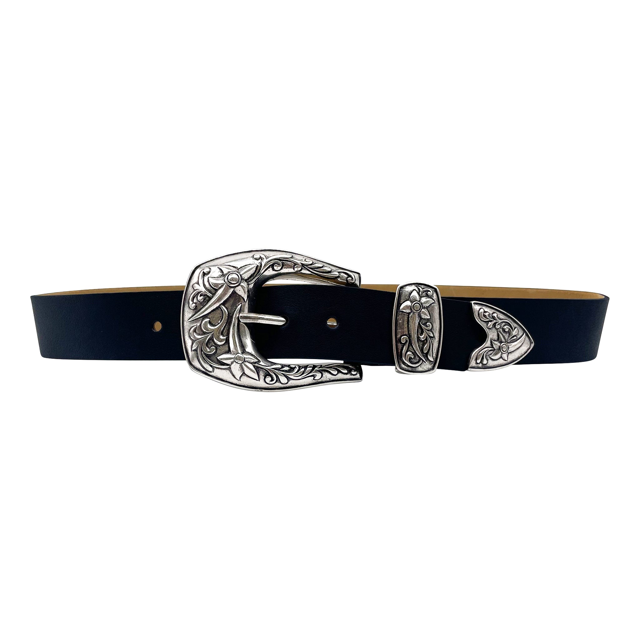 LeAnn Silver Belt in black Italian leather with bold silver-plated western buckle set, Streets Ahead
