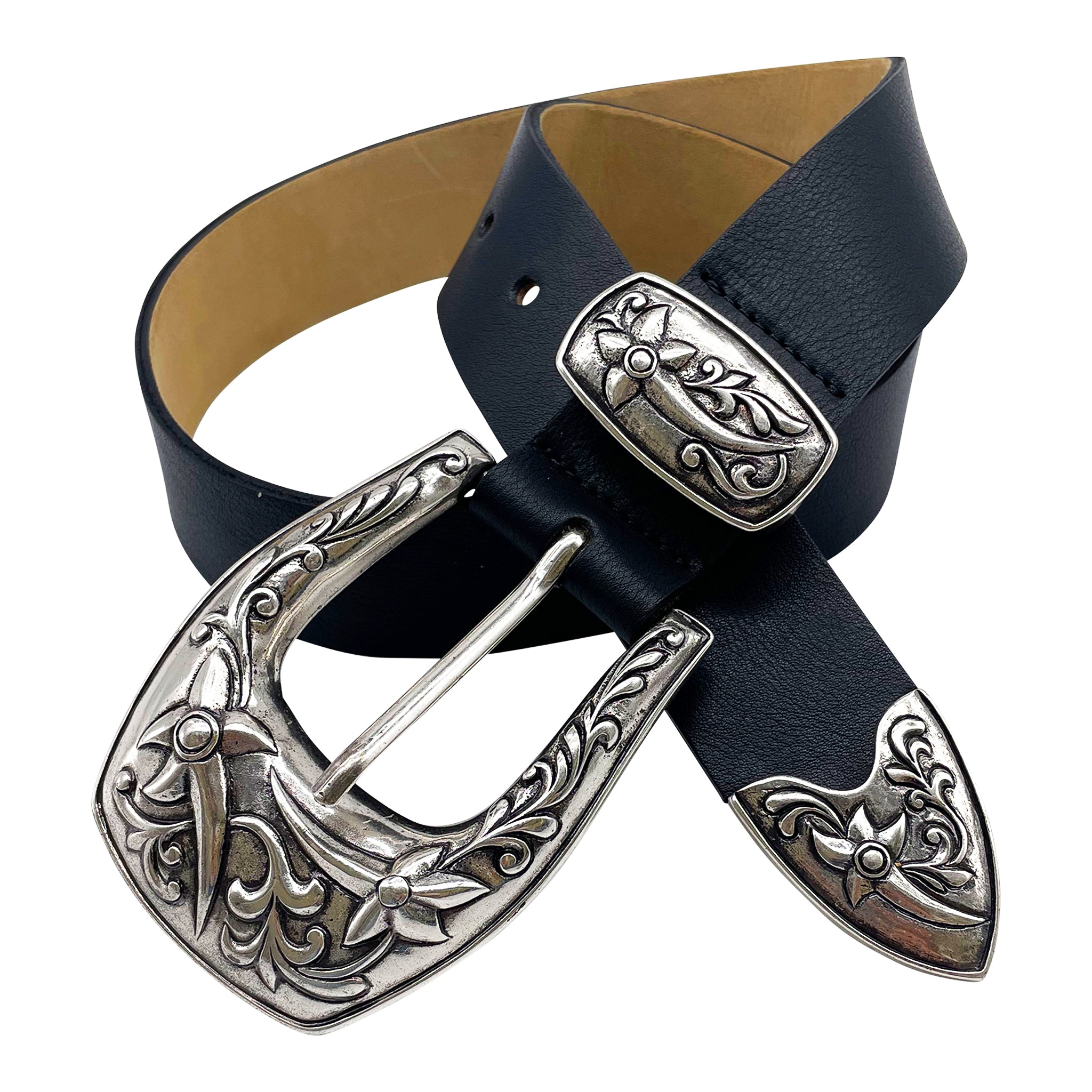 Streets Ahead LeAnn Silver Belt — black leather western belt with silver buckle, handcrafted in Los Angeles