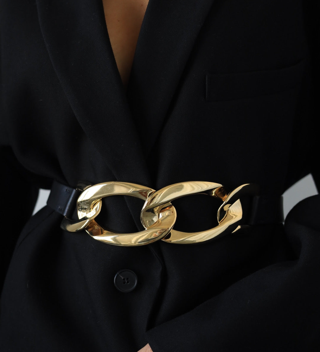 Streets Ahead Eva Belt — black leather with gold chain links, handcrafted in Los Angeles