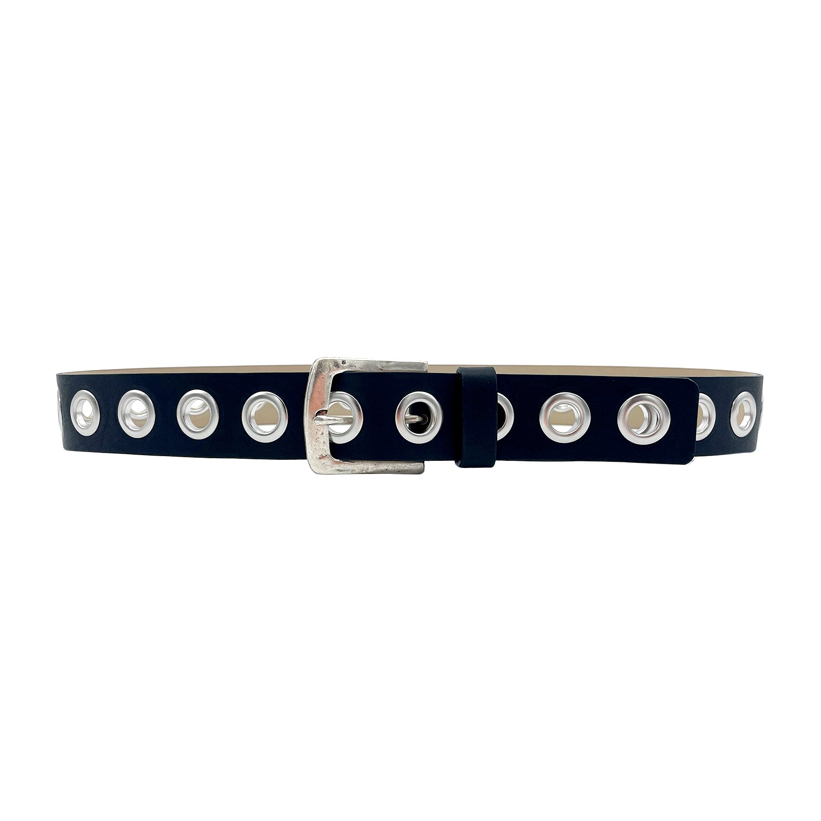 Ireland Belt in black Italian leather with large silver grommets, Streets Ahead