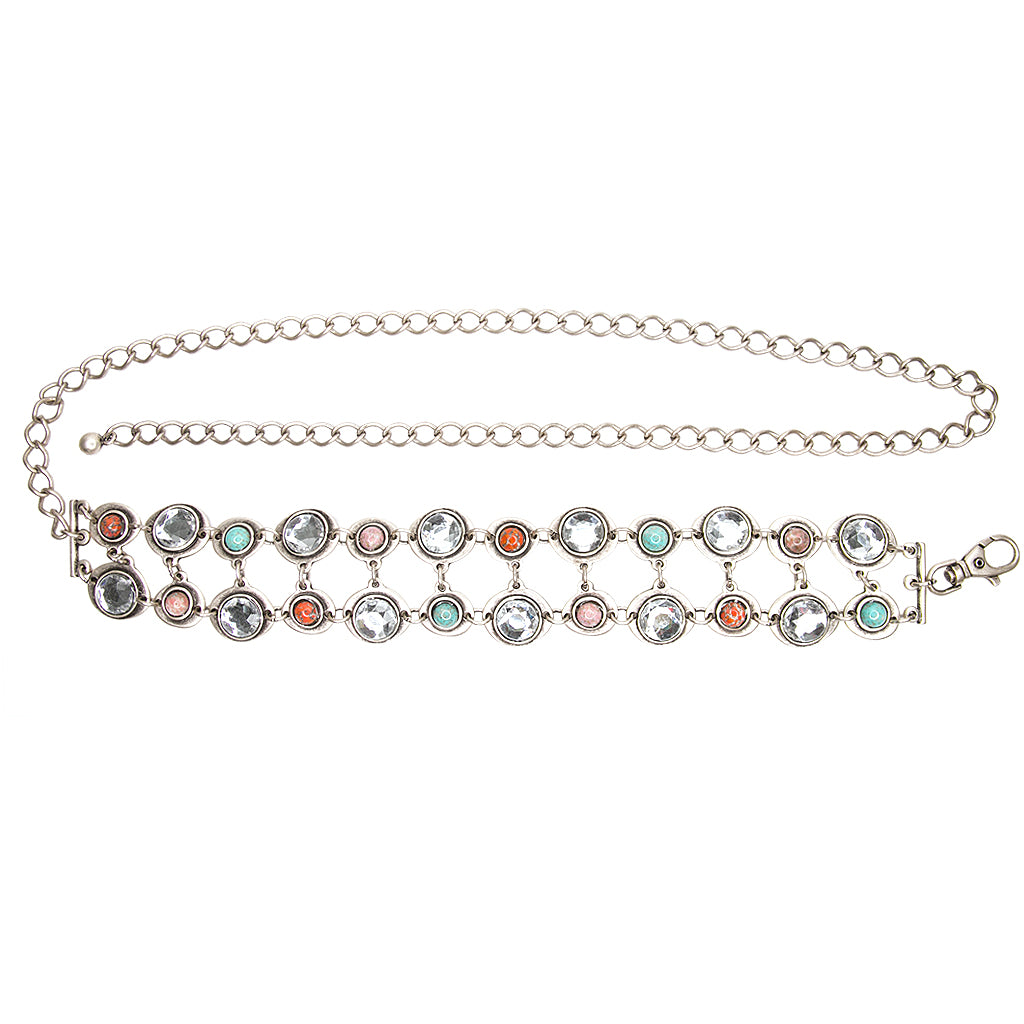 Krystal Belt - Silver Chain Multi-Color Stones - Streets Ahead