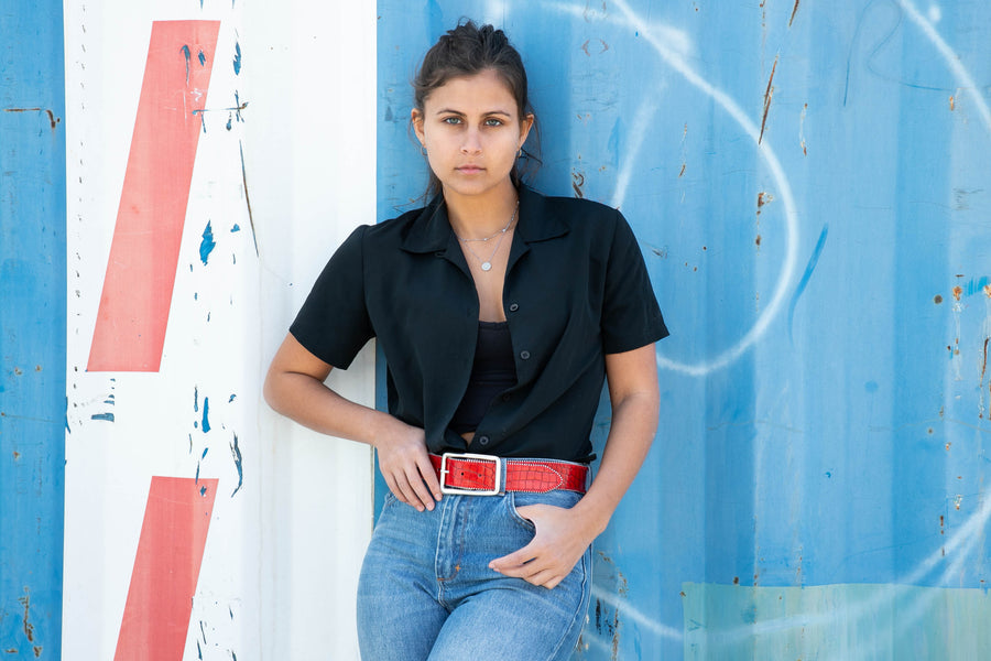Vera Belt - Red Croc-Embossed Silver - Streets Ahead