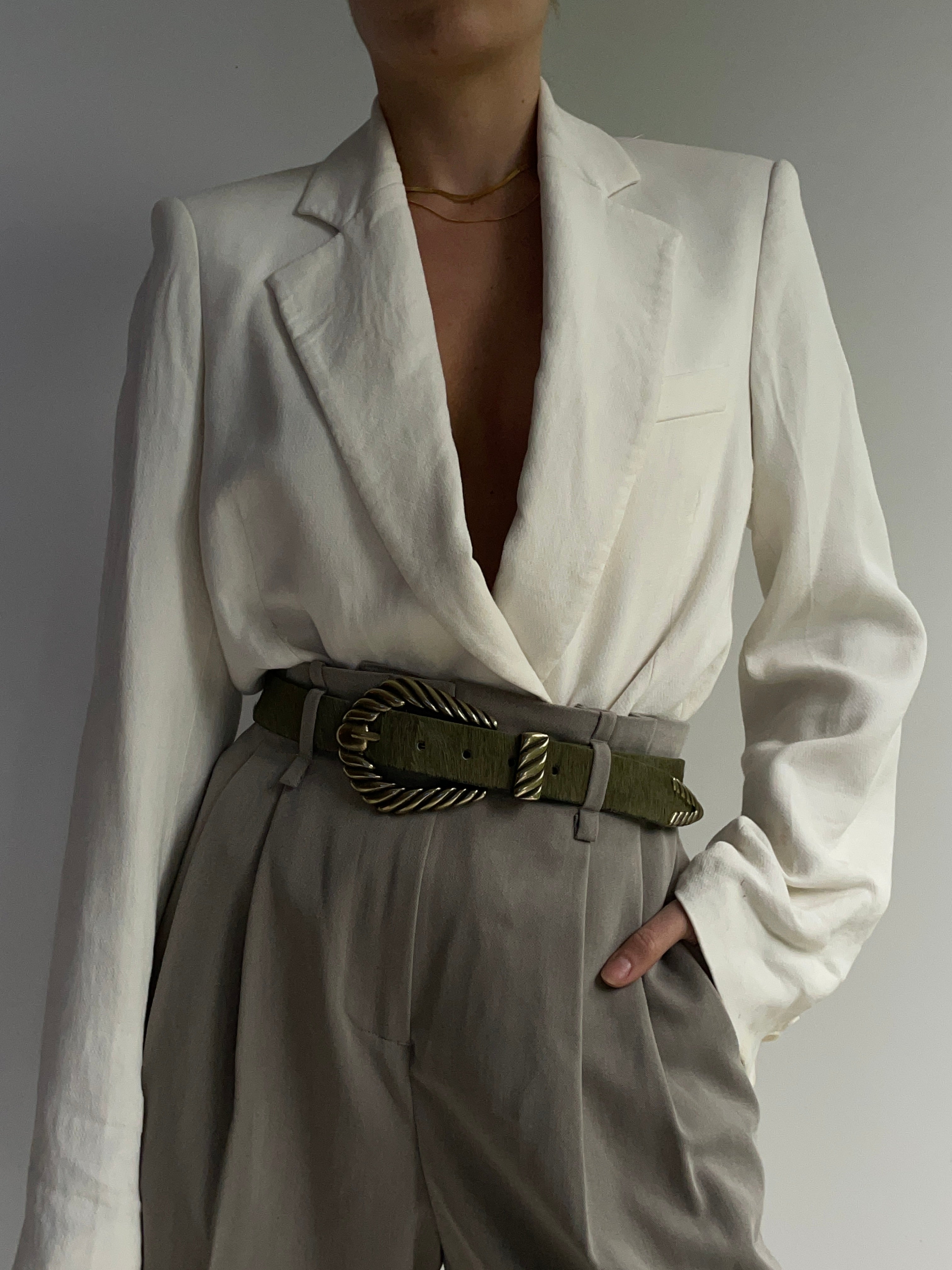 Off To The Races - Olive hair-on Italian leather belt with old brass buckle - Streets Ahead