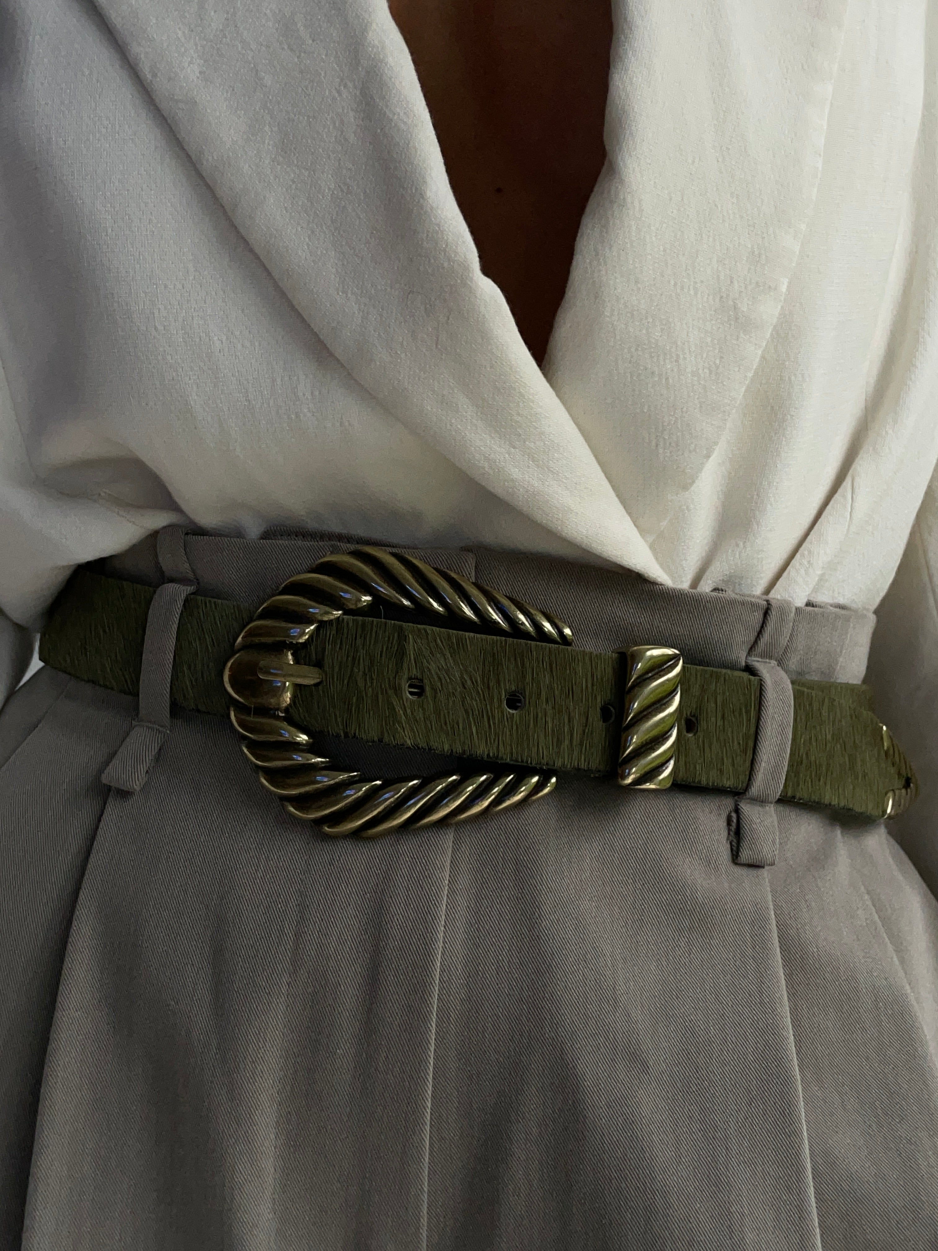 Off To The Races - Olive hair-on Italian leather belt with old brass buckle - Streets Ahead
