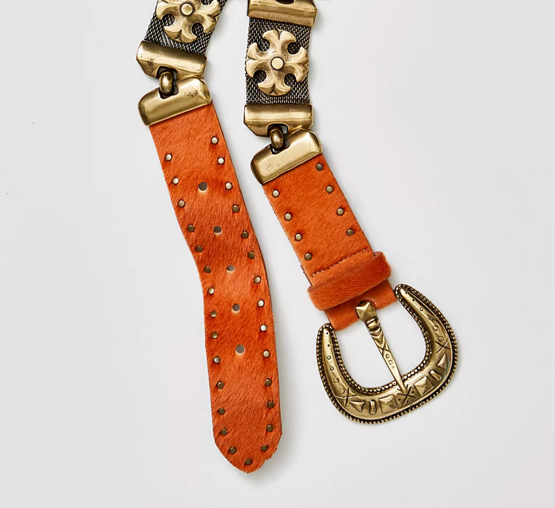 Streets Ahead Cleo Embellished Belt — orange calf-hair leather with metal cross segments, handcrafted in Los Angeles