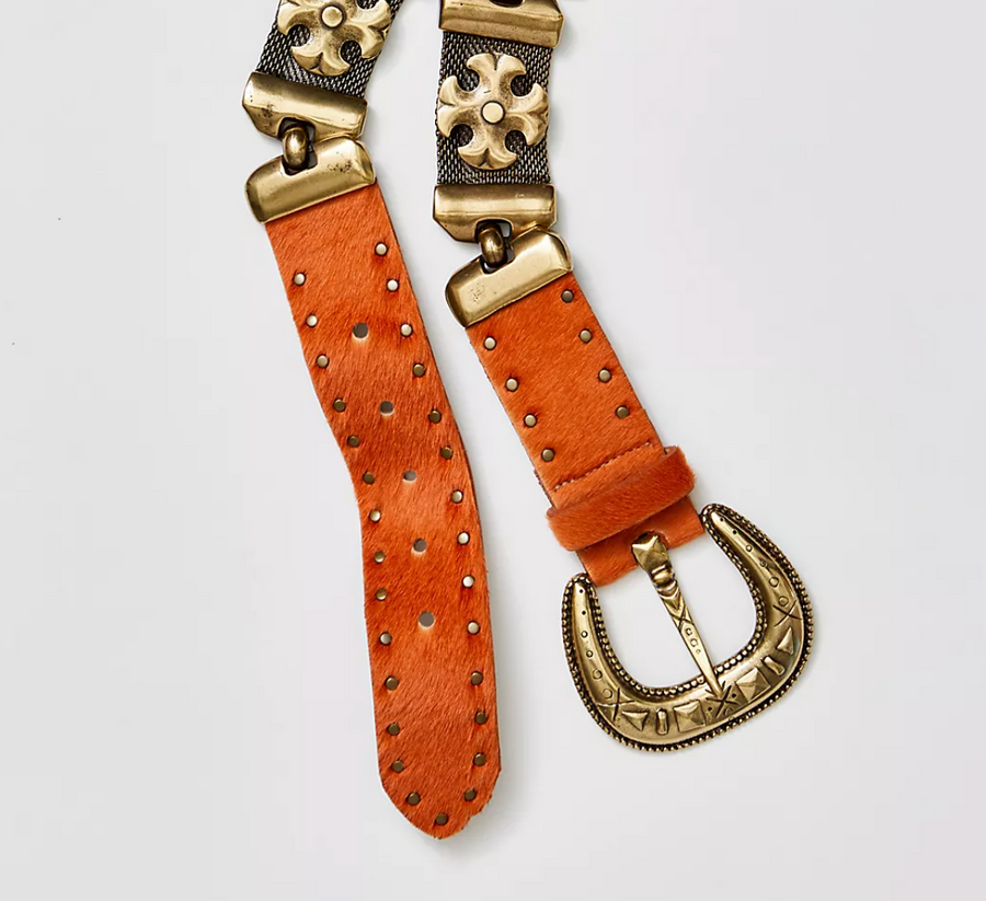 Cleo Embellished Belt - Orange Calf Hair Western - Streets Ahead