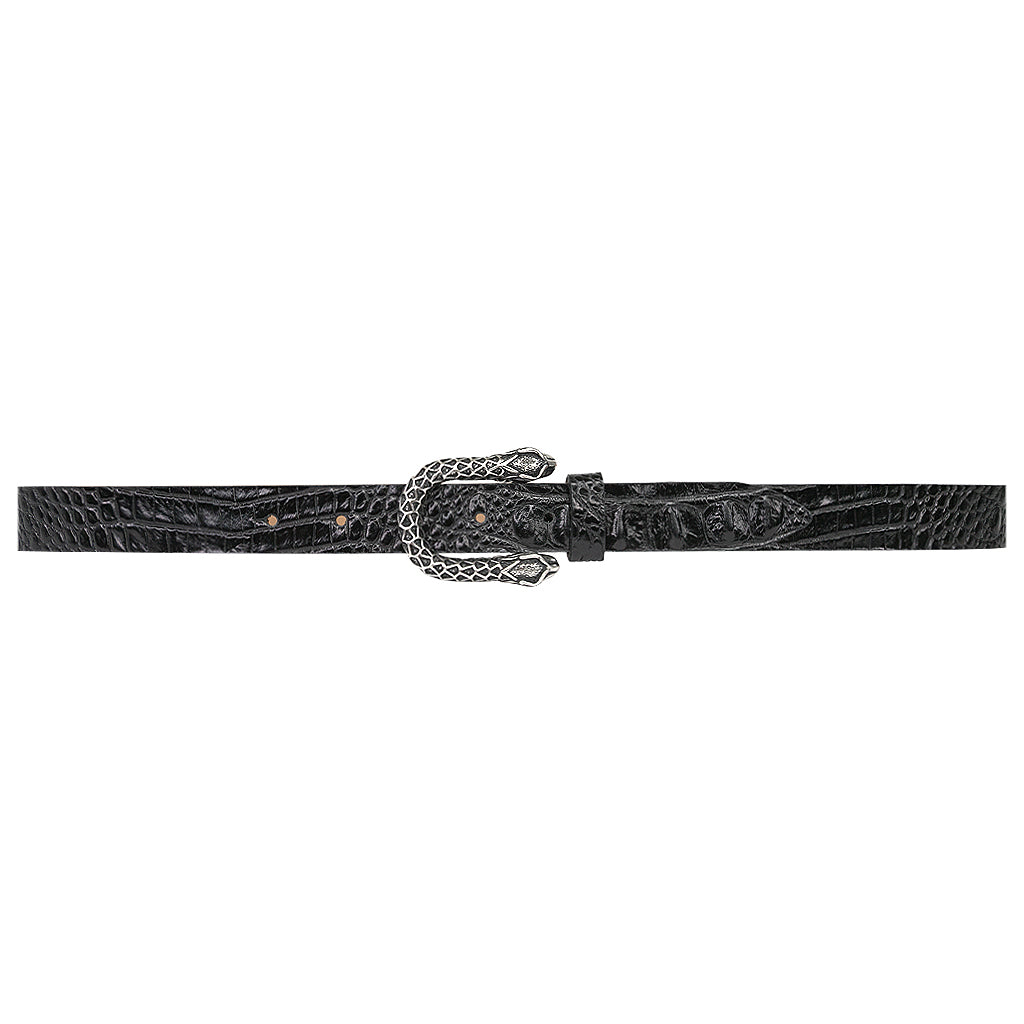Snake Belt in crocodile-embossed Italian leather with antique silver snake buckle, Streets Ahead