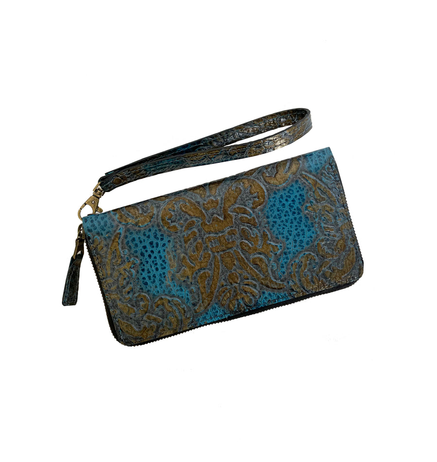 Baroque Wallet - Embossed Turquoise Gold Leather - Streets Ahead