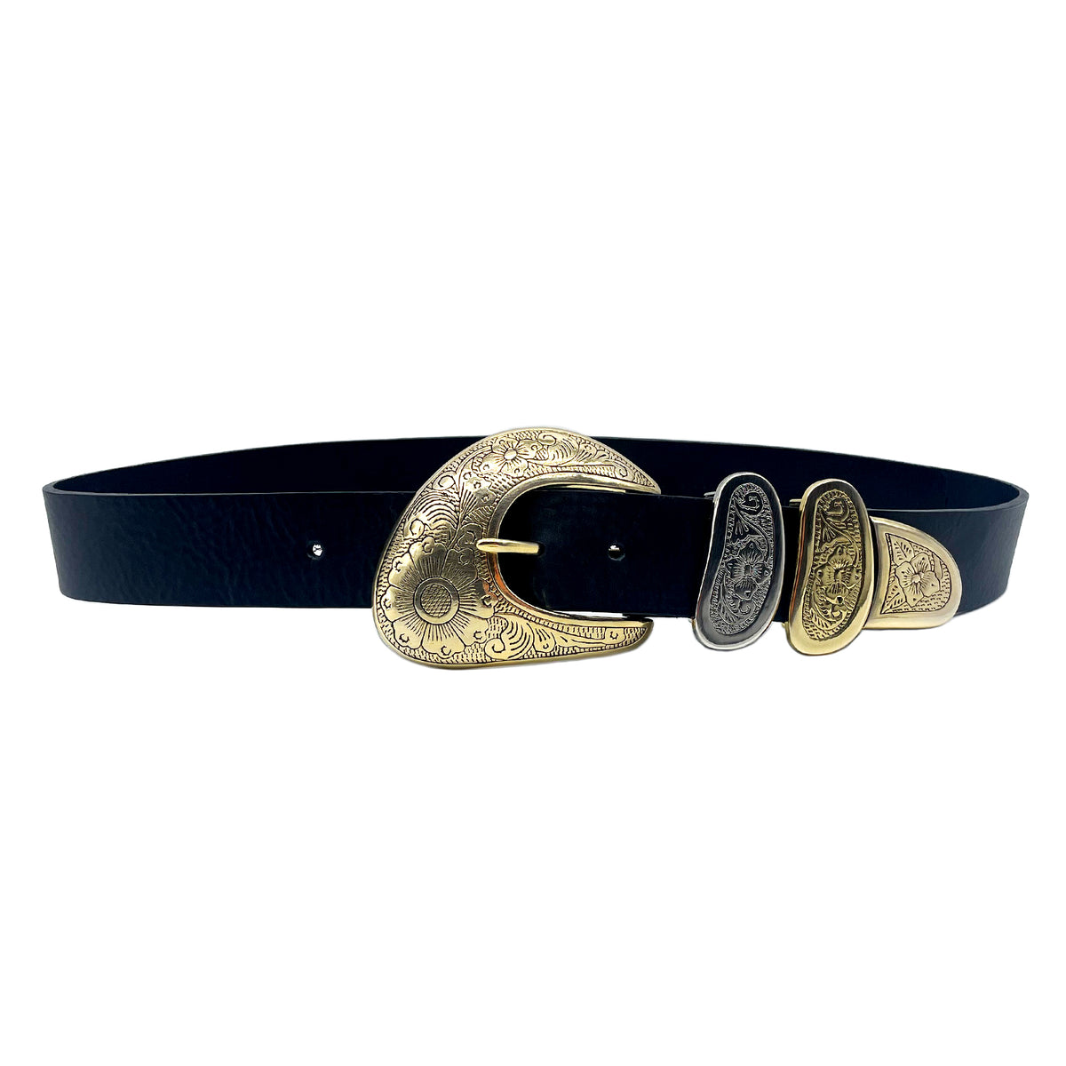 Ariel Belt in black Italian leather with engraved solid brass buckle set, Streets Ahead
