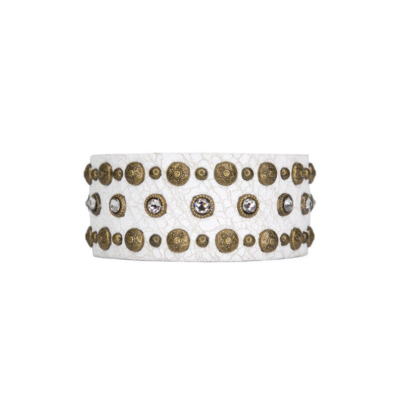 Athena Cuff - White Leather Brass Studs - Streets Ahead