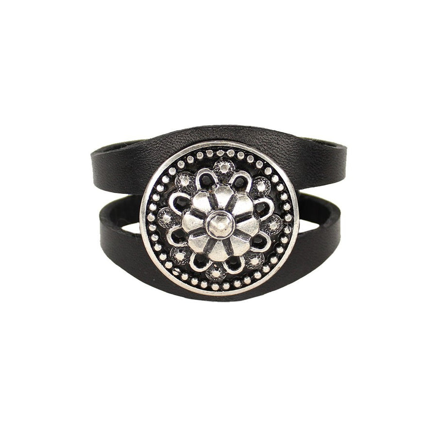 Albia - Black Leather Cuff Bracelet Silver Ornament - Streets Ahead 