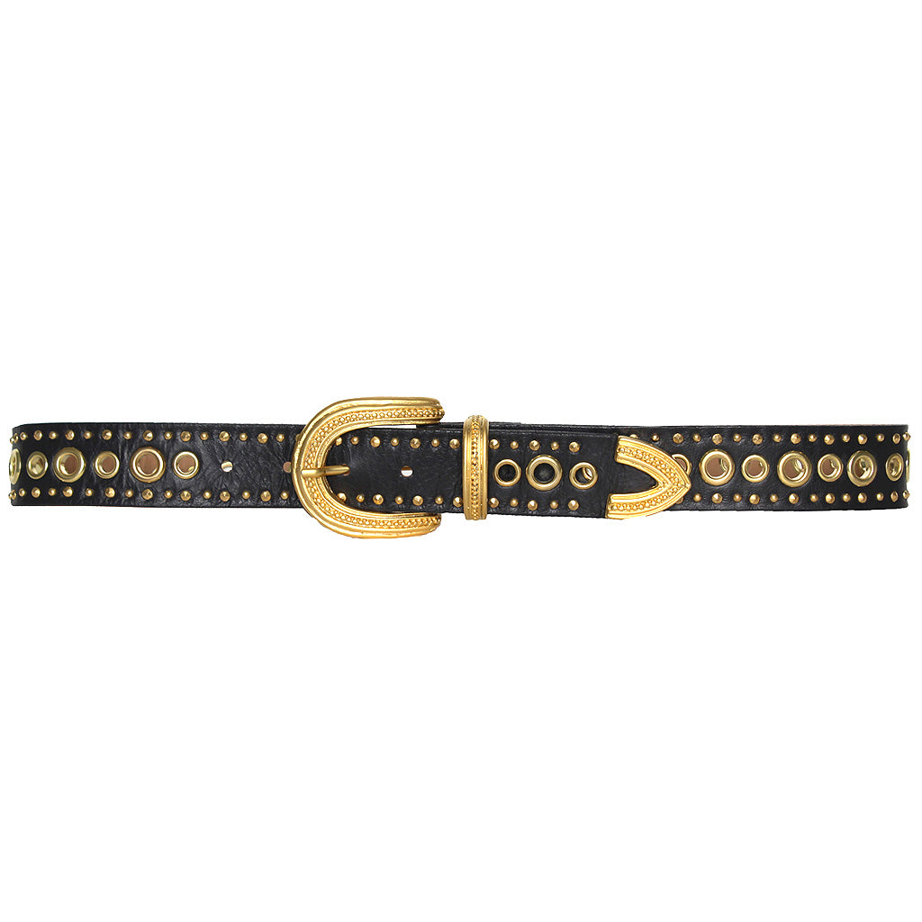 Cleopatra Belt in black Italian leather with gold grommets and studded detail, Streets Ahead