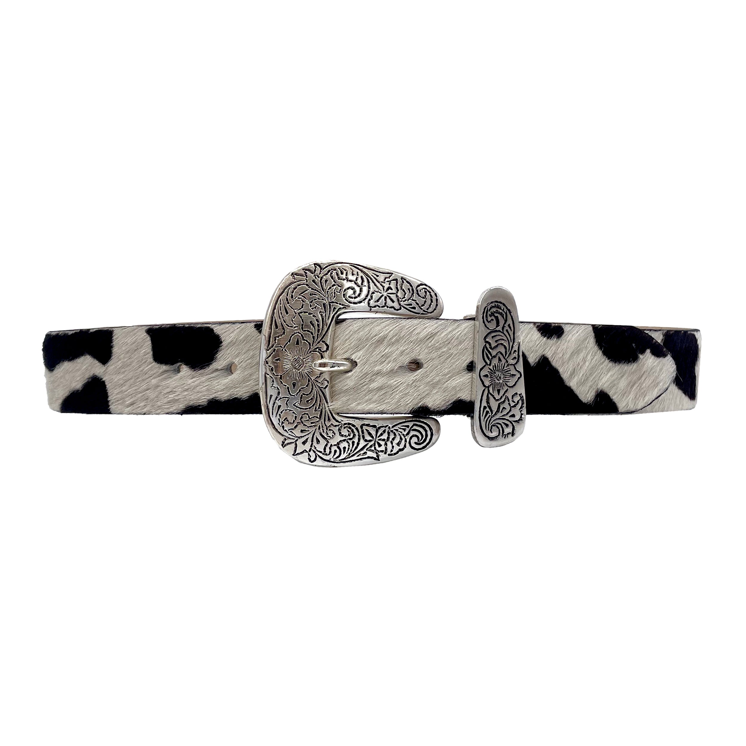 Bessie Belt in cow-print Italian leather with silver-engraved western buckle, Streets Ahead
