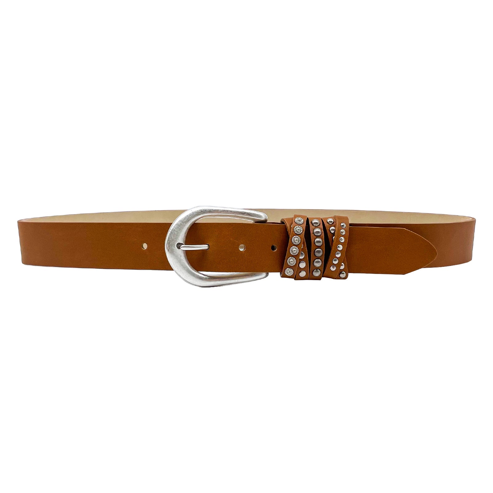 Crista Belt in tan Italian leather with silver studded multi-loop and horseshoe buckle, Streets Ahead