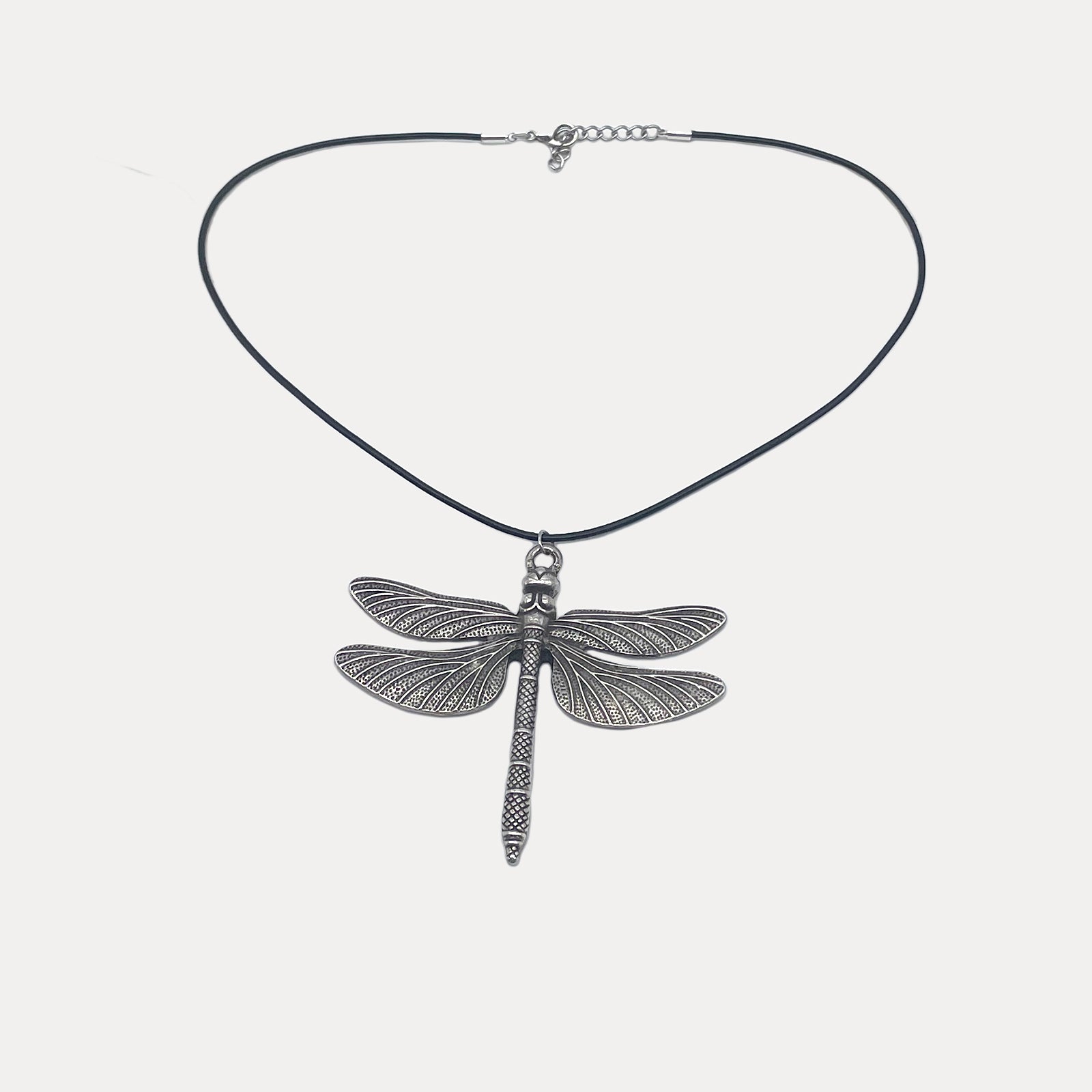 Streets Ahead Dragonfly Necklace — leather strap with antique silver dragonfly pendant, handcrafted in Los Angeles