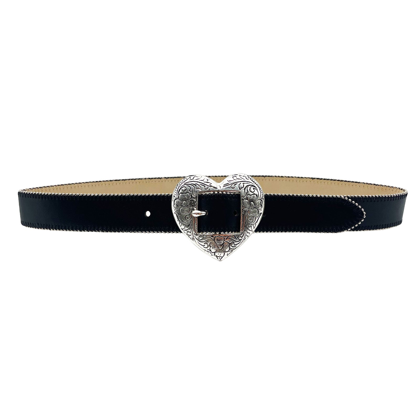Silver Heart Belt in black Italian leather with engraved silver heart buckle, Streets Ahead