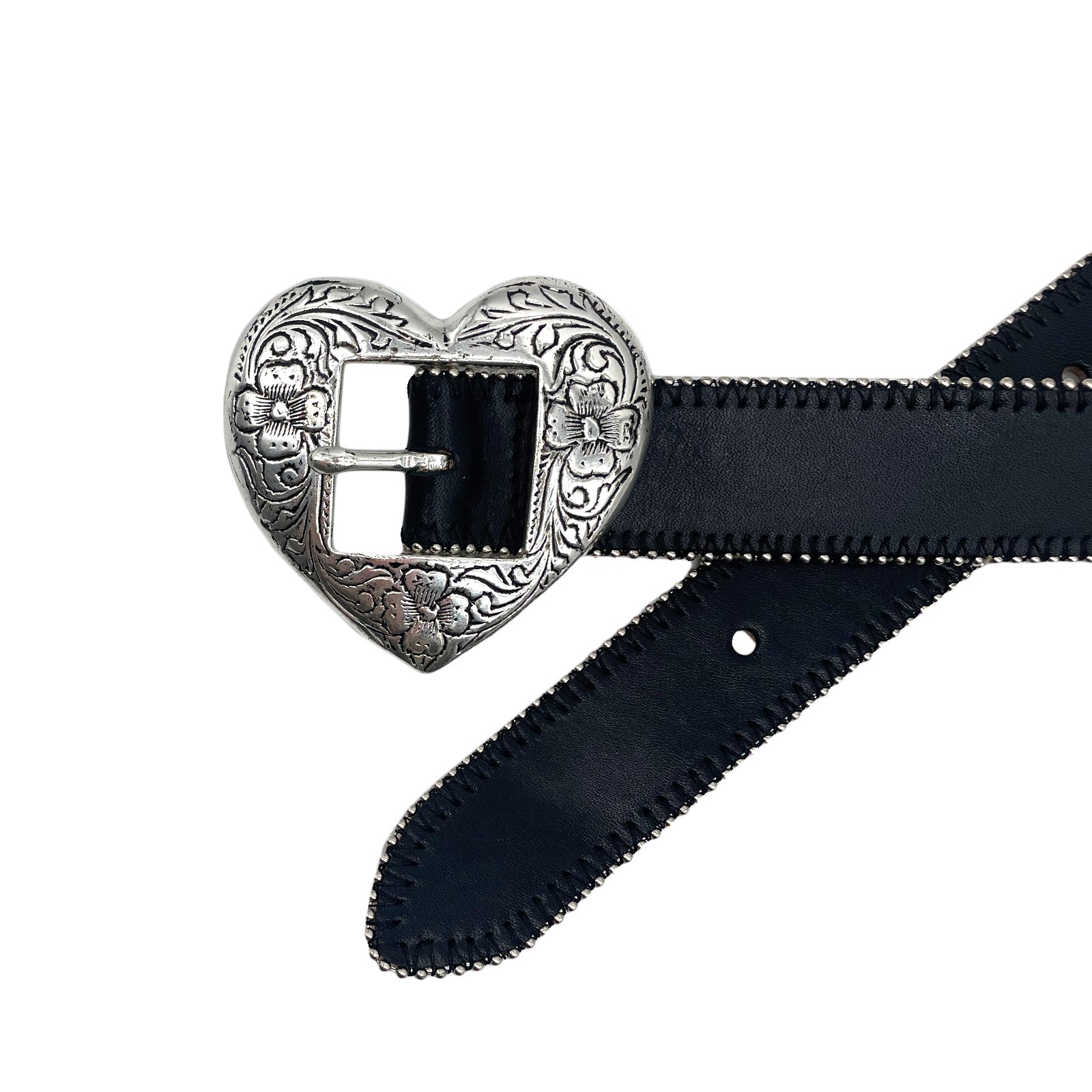 Streets Ahead Silver Heart Belt — black leather with vintage silver heart buckle and chain trim, handcrafted in Los Angeles