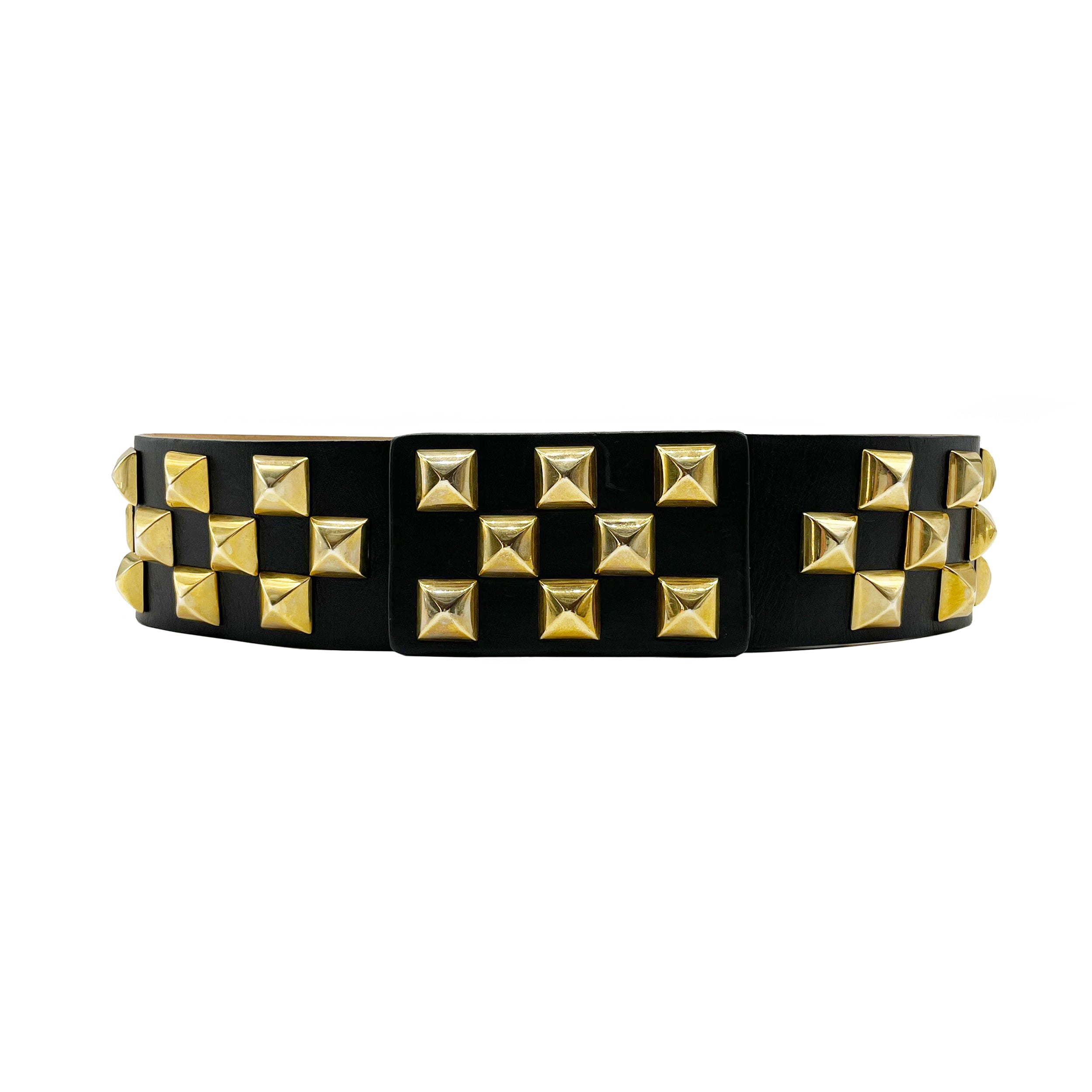 Roger Gold Belt in black Italian leather with gold-plated pyramid hardware, Streets Ahead