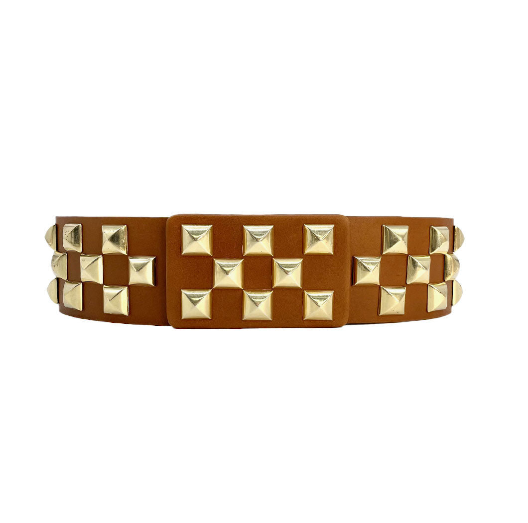 Roger Tan and Gold Belt in tan Italian leather with gold-plated pyramid hardware, Streets Ahead