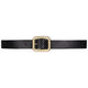 Natalia Belt in black Italian leather with 24k light gold-plated buckle, flat lay view - Streets Ahead