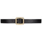 Natalia Belt in black Italian leather with 24k light gold-plated buckle, flat lay view - Streets Ahead