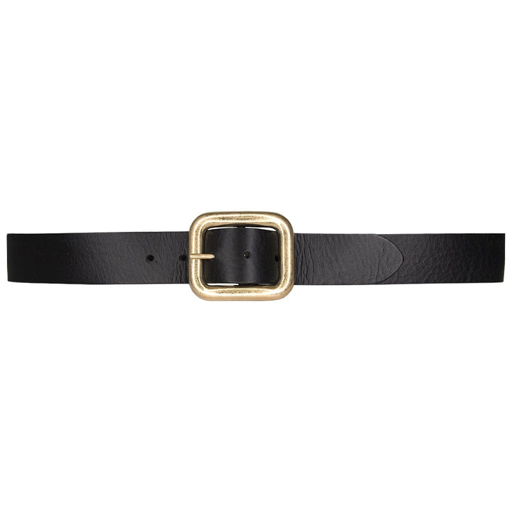 Natalia Belt in black Italian leather with 24k light gold-plated buckle, flat lay view - Streets Ahead