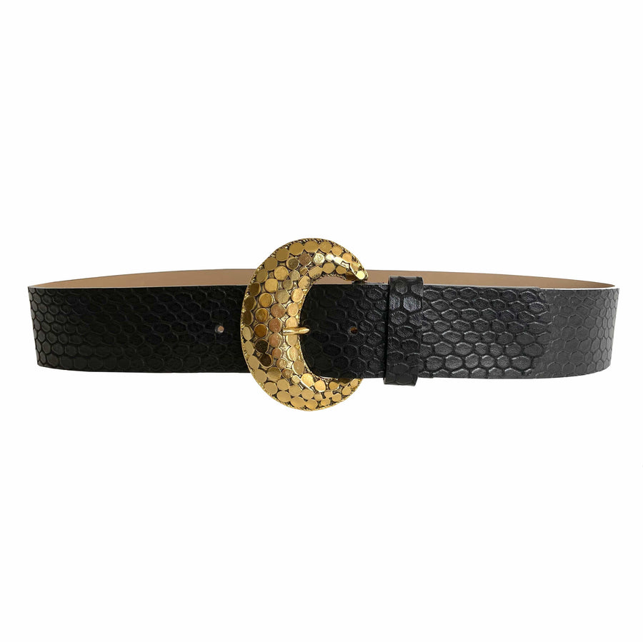 Alani Belt - Black Embossed Leather Gold Buckle - Streets Ahead