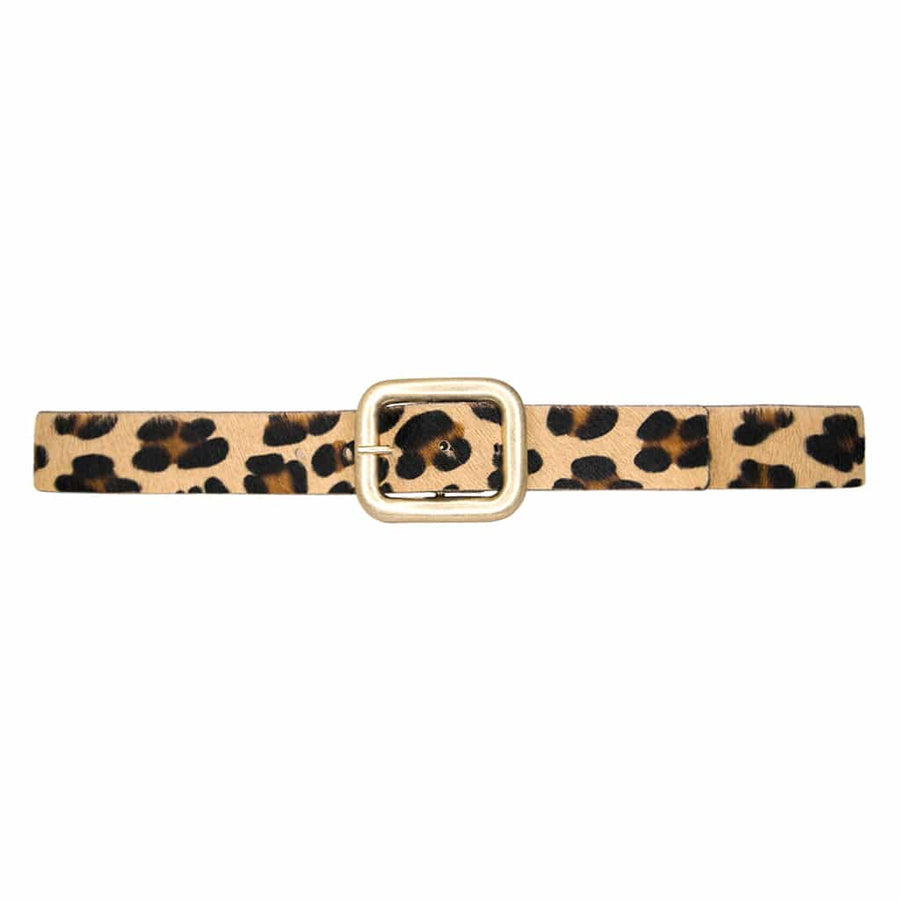 Julianne Belt in leopard calf-hair leather with light brushed gold oblong buckle, handcrafted in Los Angeles - Streets Ahead