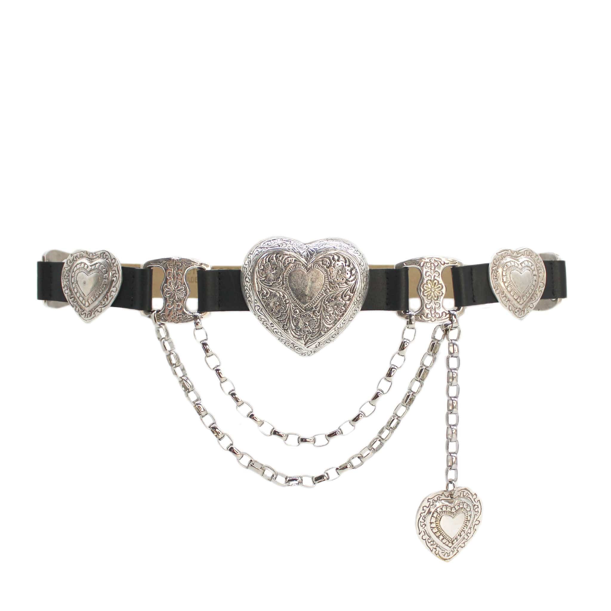 Mia Heart Belt in black Italian leather with antique silver-plated engraved heart buckle set, Streets Ahead