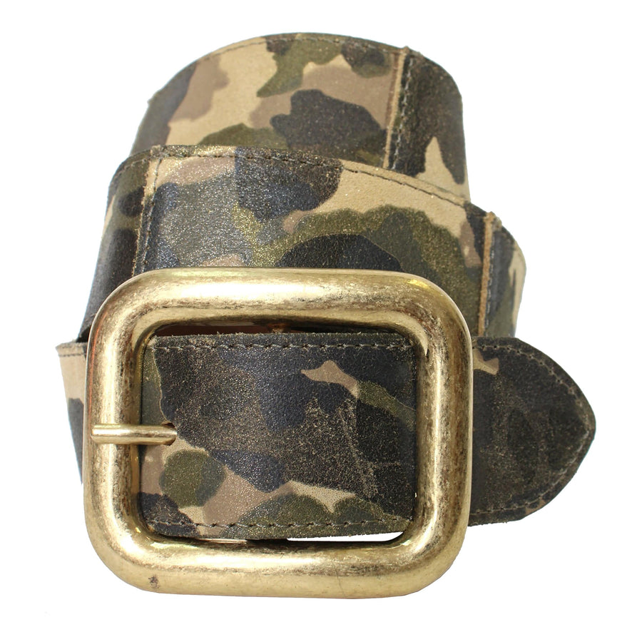 Close-up of Militia Belt camo patchwork texture and gold brushed oblong buckle - Streets Ahead