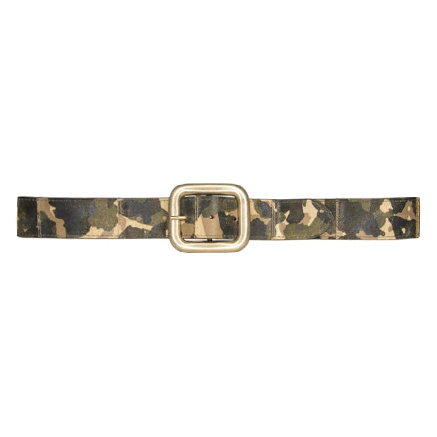 Militia Belt in camo patchwork Italian leather with light brushed gold oblong buckle, handcrafted in Los Angeles - Streets Ahead